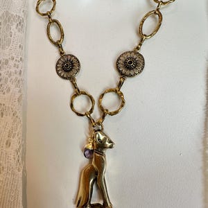 Gold Cat Bastet Egyptian Revival Style Necklace, Heavy 3D Gold Bronze Cat, Small Amethyst, Cat Lovers Jewelry, Witchy Familiar, Wearable Art