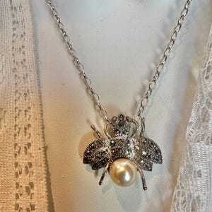 Vintage Marcasite Pearl Bee Pendant .925 Sterling Silver Pin/Brooch, Wear Two Ways, Sterling Silver Chain, Queen Bee For Her