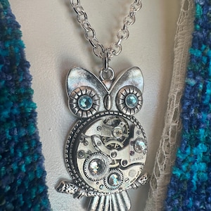 Steampunk Owl Antique Ruby Watch 17 Jewel Antique Clockwork Necklace, Bird Lover, Teacher Gift, Owl Lover, Watch Collector, Blue Eyes