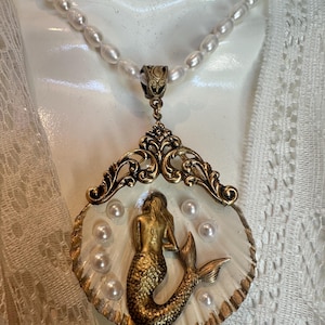 Mermaid Necklace Real Sea Shell, Art Nouveau Style, Design Choices Pearls or Chain, Mermaidcore Jewelry, Gift for Her