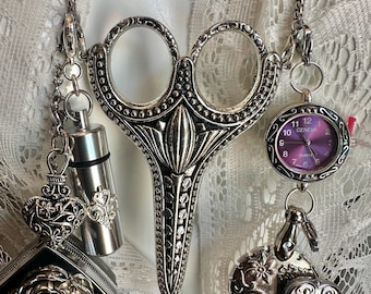 Scissor Holder Chatelaine, Thread Cutter, Measuring Tape, Needle Threader, Pin/Pill Holder, Stitch Minder, Purple Watch, Sewing Crafter Gift
