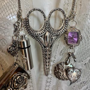 Scissor Holder Chatelaine, Thread Cutter, Measuring Tape, Needle Threader, Stitch Marker, Pin Pill Case, Purple Watch, Sewing Crafter Gift