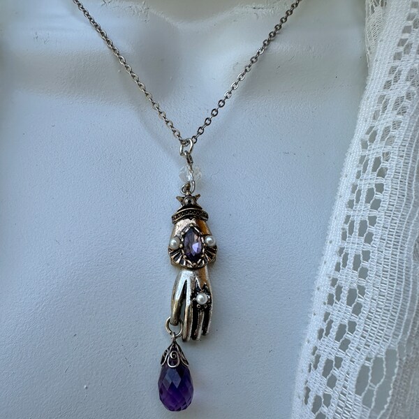 Victorian Style Hand Pendant with Purple Stone and Purple Faceted Genuine Amethyst Drop, Crystal Hand Pearl Ring, Hand Jewelry Gift for Her