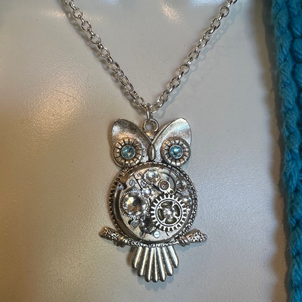 Steampunk Owl Necklace Blue Eyes Upcycled Jewel Swiss Clockwork, Bird Lover, Teacher Gift, Graduation, Owl Collectors, Cosplay