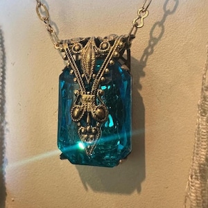 Teal Blue Vintage Bohemian Thick Faceted Czech Glass Pendant, Bridal Blue Wedding Statement, Victorian Revival Style Jewelry