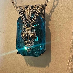 Teal Blue Vintage Bohemian Thick Faceted Czech Glass Pendant, Bridal Blue Wedding Statement, Victorian Revival Style Jewelry