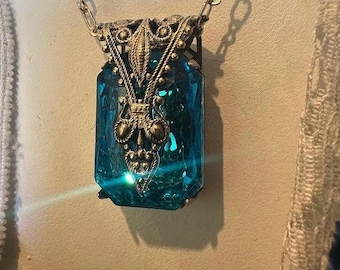 Teal Blue Vintage Bohemian Thick Faceted Czech Glass Pendant, Bridal Blue Wedding Statement, Victorian Revival Style Jewelry