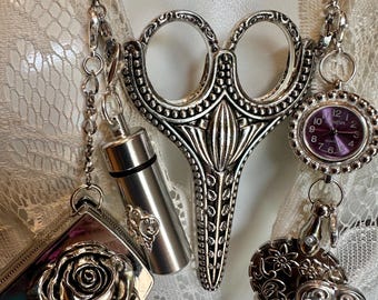 Scissor Holder Chatelaine, Thread Cutter, Measuring Tape, Needle Minder, Pin Case or Magnifying Glass, Purple Watch, Sewing Crafter Gift