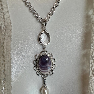 Wampum Purple Shell Necklace, Cut Crystal, Real Pearl, Quahog Clam Whelk Shell Native American Jewelry