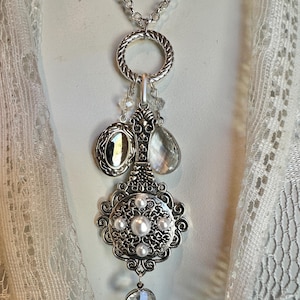 Magic Mirror Pendant Chatelaine Style, Fancy Glass, Faceted Crystals, Faux Pearls, Silver Locket, Fairycore Witch Scrying Mirror Necklace