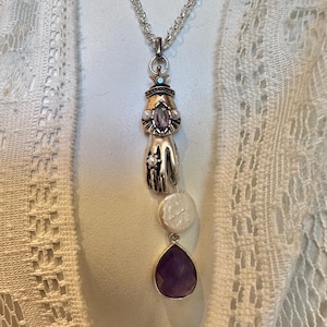Victorian Style Hand Pendant Bejeweled Crystals, Purple Real Faceted Amethyst, Real Coin Pearl, Long Silver Chain, Victorian Revival Style