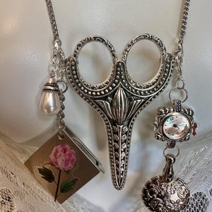 Scissors Holder, Sewing Seamstress Crafter Gift Measuring Tape, Pink Watch, Thread Yarn Cutter, Faux Pearl Stitch Minder Chatelaine Style