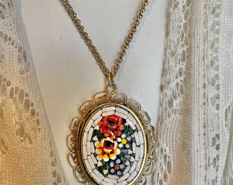 Vintage Italian Micromosaic White Mother of Pearl Tile, Multi Flowers Micro Mosaic Jewelry Pendant, Fancy Gold Frame, White Tile Background