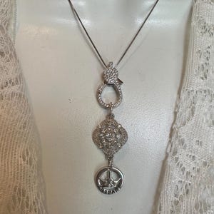 Trifari Pendant Fancy Pave Clasp Crown Trifari Designer Tag Pendant, Vintage Trifari Jewelry Sterling Silver Necklace, Crystal Charm Holder