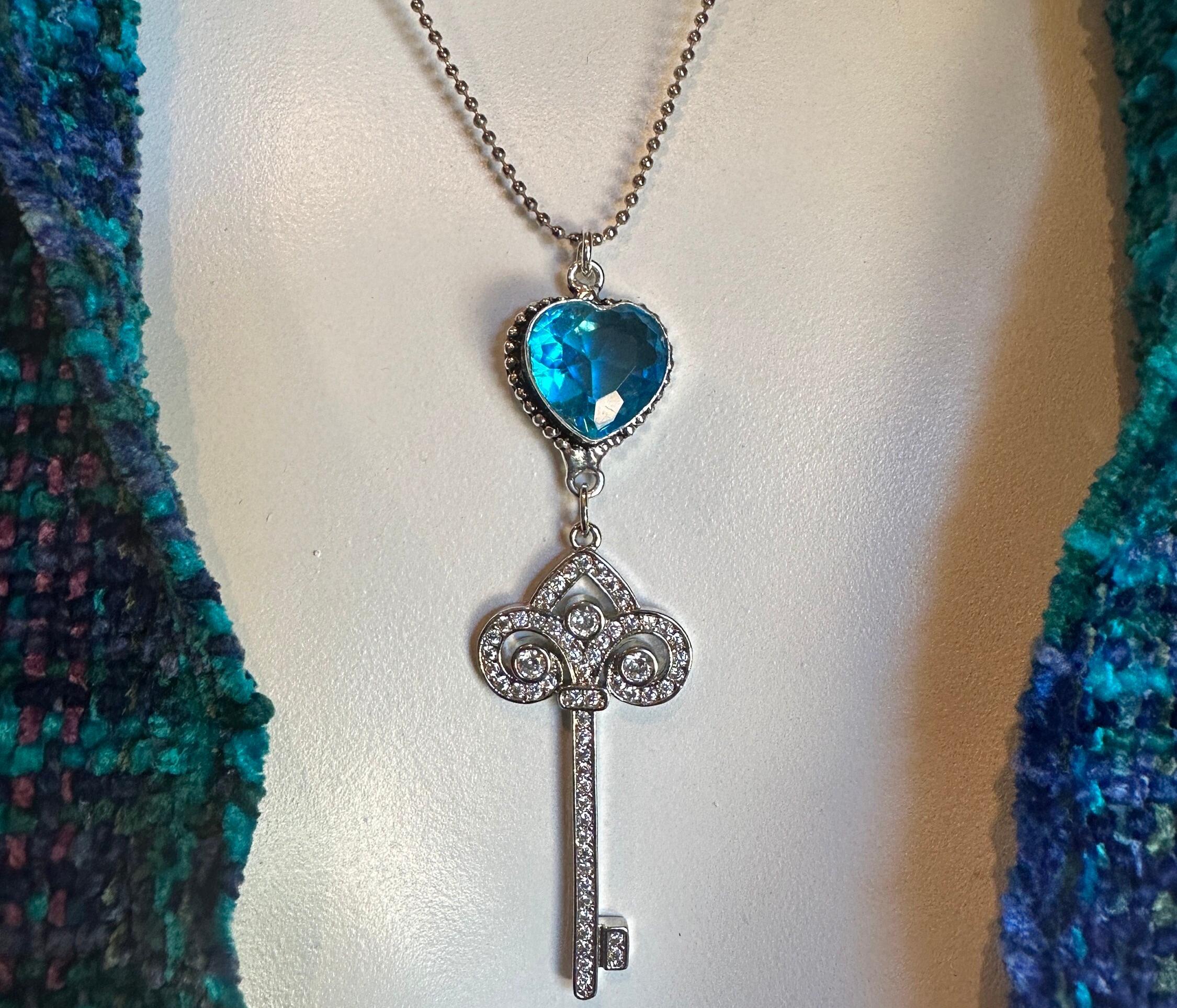 Blue Heart Topaz with Fancy Pave Crystal Skeleton Key Sterling Silver Necklace, Blue Gemstone Jewelry, Key To Heart, Anniversary Gift
