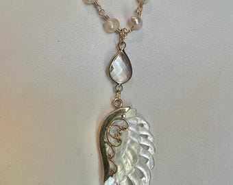 Wing Mother of Pearl with Fancy Gold Clear Faceted Glass Crystal, Real Freshwater Pearls Necklace, Guardian Angel Wing, Swan Wing