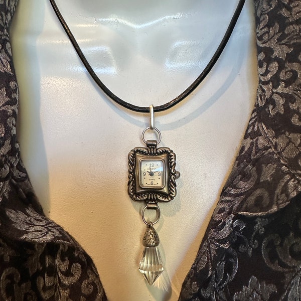 Watch Necklace Brushed Pewter with Faceted Chandelier Crystal and Black Leather Necklace Choker, Stainless Watch Jewelry, Gift Her or Him