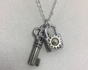 Heavy Pewter Key and Lock Steampunk Necklace, Key To My Heart Boyfriend Husband, Gift for Him,