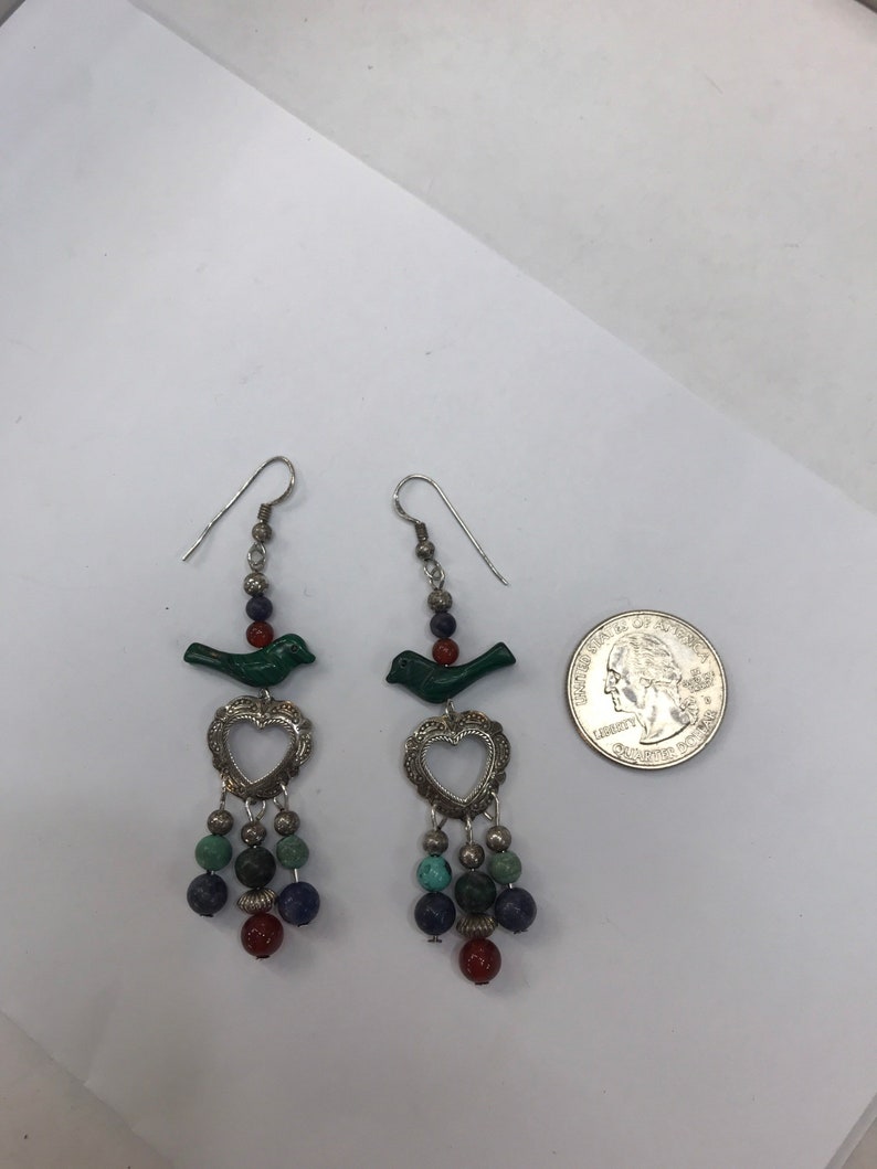 Multi Color Beads. Fish Hook Wires Vintage Sterling Silver Earrings Dangle