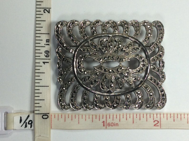 Vintage Rectangular Silver Toned Pin Brooch Marcasite Used