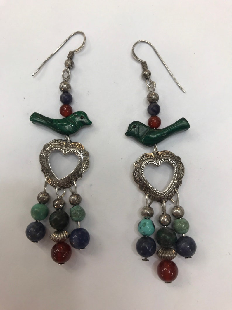 Multi Color Beads. Fish Hook Wires Vintage Sterling Silver Earrings Dangle