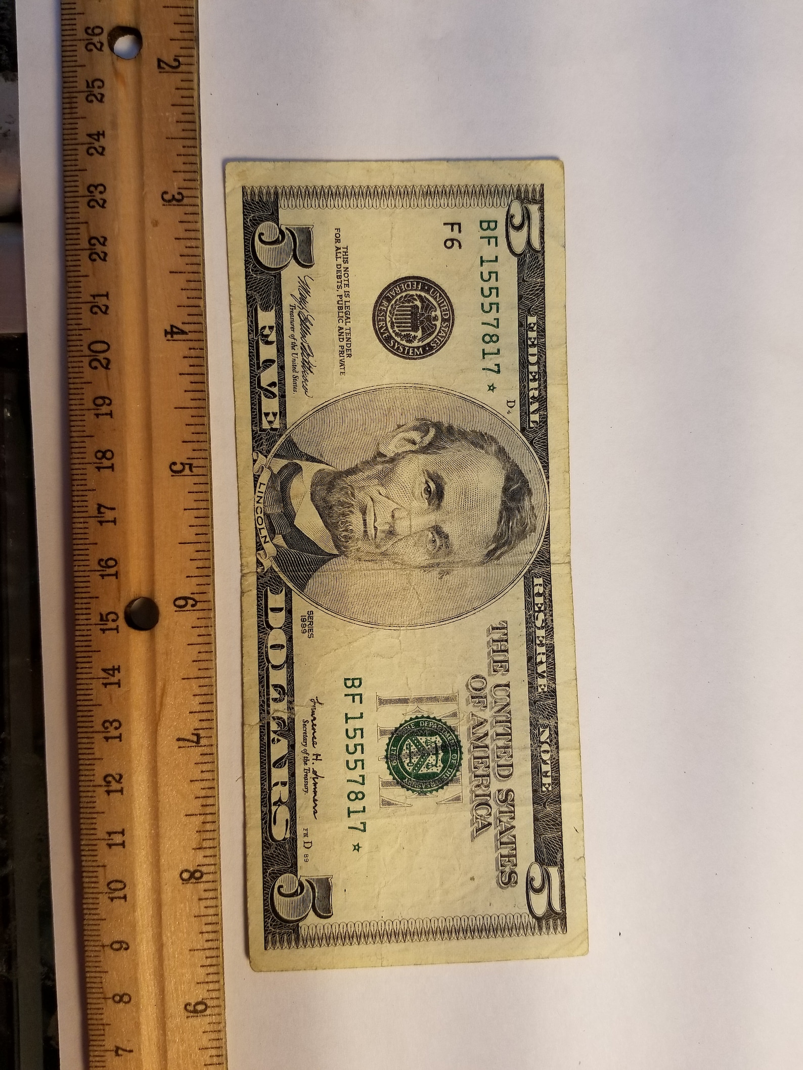 1999 Five Dollar bill Star Note Serial BF15557817 Etsy