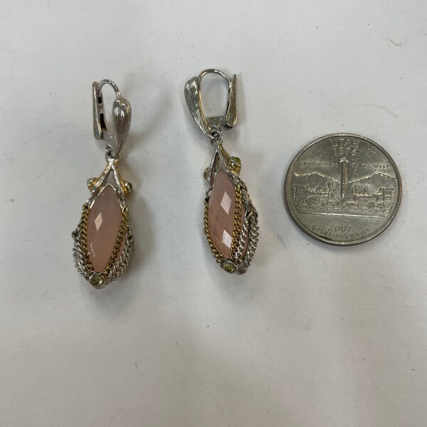 Vintage Sterling Silver Earrings with Rose Quartz and Peridot. Lever Back Wires.