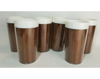 Vintage KH Hong Kong Insulated Brown Wood Grain Tumbler Cups Set of 6 Plastic