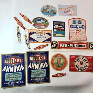 Antique Bottle Can Paper Label Lot Soda Beer Household Products