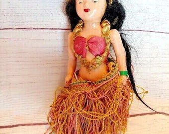 Vintage Hawaiiana Hula Girl Doll, Cloth Doll With Painted Face and