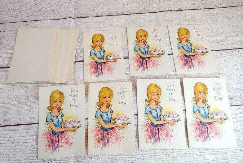 1960s It's A Sweet 16 Party set of 7 Retro MCM Invitation Cards & Envelopes