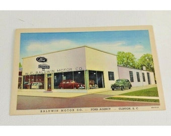 1940s Ford Agency Baldwin Motor Co Clinton SC Linen Postcard