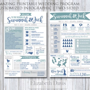 Wedding Program printable infographic | modern, funny, entertaining for guests | states, travel, destination,trivia, drinks, hashtags, pets