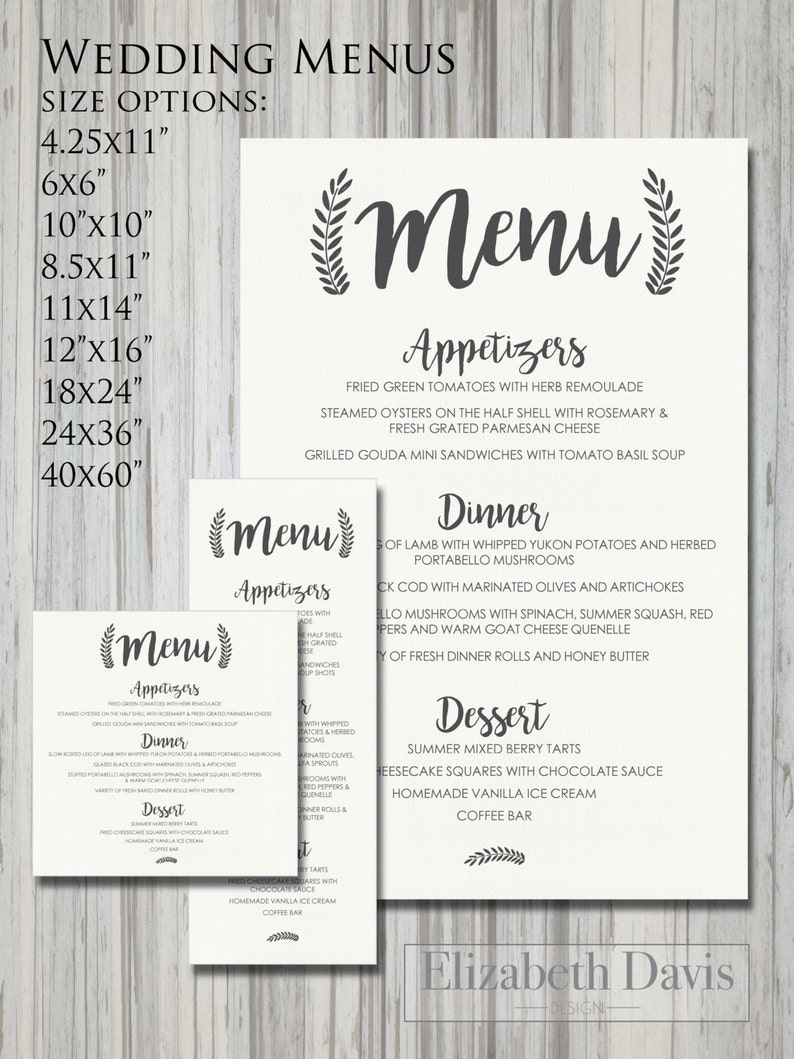 different sizes from dinner plate to poster board Printable wedding menus /& menu boards elegant shabby boho chic rustic DIY in 10