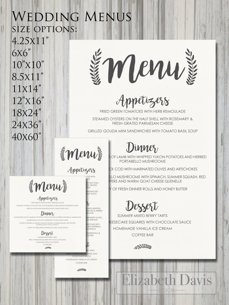 different sizes from dinner plate to poster board Printable wedding menus /& menu boards elegant shabby boho chic rustic DIY in 10