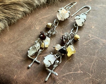 Ace of Cups | Quartz, Citrine, Agate, Sandstone, Garnet and 925 Sterling Silver Rustic Cross Earrings