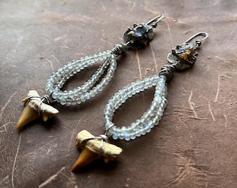 The Swamp Witch | Opal, Labradorite, Fossilised Shark Teeth and 925 Sterling Silver Earrings