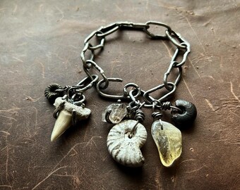 Hunter | Fossilised Shark Tooth, Ammonite, Herkimer Diamond, Citrine and 925 Sterling Silver Chain Charm Bracelet