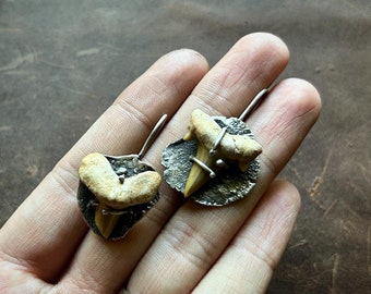 The Predator | Fossilised Shark Teeth and 925 Sterling Silver Rustic Soldered Oxidised Earrings