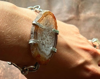 Summer Solstice | Agate Geode Slice and 925 Sterling Silver Rustic Soldered Chain Statement Bracelet