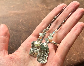 Wasser | Süsswasser Perlen, römisches Glas, Labradorit, Aquamarin, Mondstein, Prehnit, Quarz und 925 Sterling Silber Ohrringe