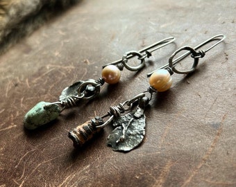 Temperance | Turquoise, Fossil, Freshwater Pearls and 925 Sterling Silver Asymmetrical Earrings