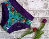 Cotton Lycra Period Panties - Purple Banded Turquoise Flower Creatures. Regular moderate absorbency, Small UK 8-10 Scrundies CSP, Cup Backup