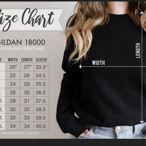 Op de afbeelding: Maattabel voor Gildan 18000 heavy blend sweatshirts. De tabel toont de afmetingen in inches voor breedte, lengte en mouwlengte voor maten S tot en met 5XL.