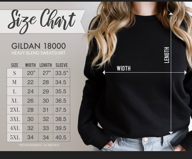 Op de afbeelding: Maattabel voor Gildan 18000 heavy blend sweatshirts. De tabel toont de afmetingen in inches voor breedte, lengte en mouwlengte voor maten S tot en met 5XL.