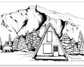 Mountain & cabin sticker- 3.7" x 2" -  Weatherproof and durable, Outdoor, Travel sticker, Wanderlust, Mountain and adventure- A frame