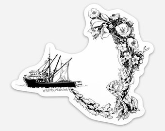 Boat and fish sticker- 4” x 3.4” -  Weatherproof and durable, fishing boat, salmon, travel, adventure, flowers.
