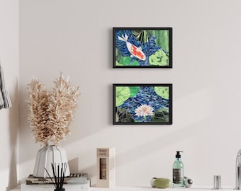 Stained Glass Koi Mosaic Wall Art, Lotus Pond Decor (Set of 2)