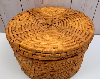 Vintage Handwoven Lidded Storage Basket With Natural Coiled Fiber