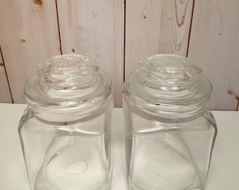 Vintage Clear Glass Canister Jars | Square Apothecary Jar with Knobbed Lids